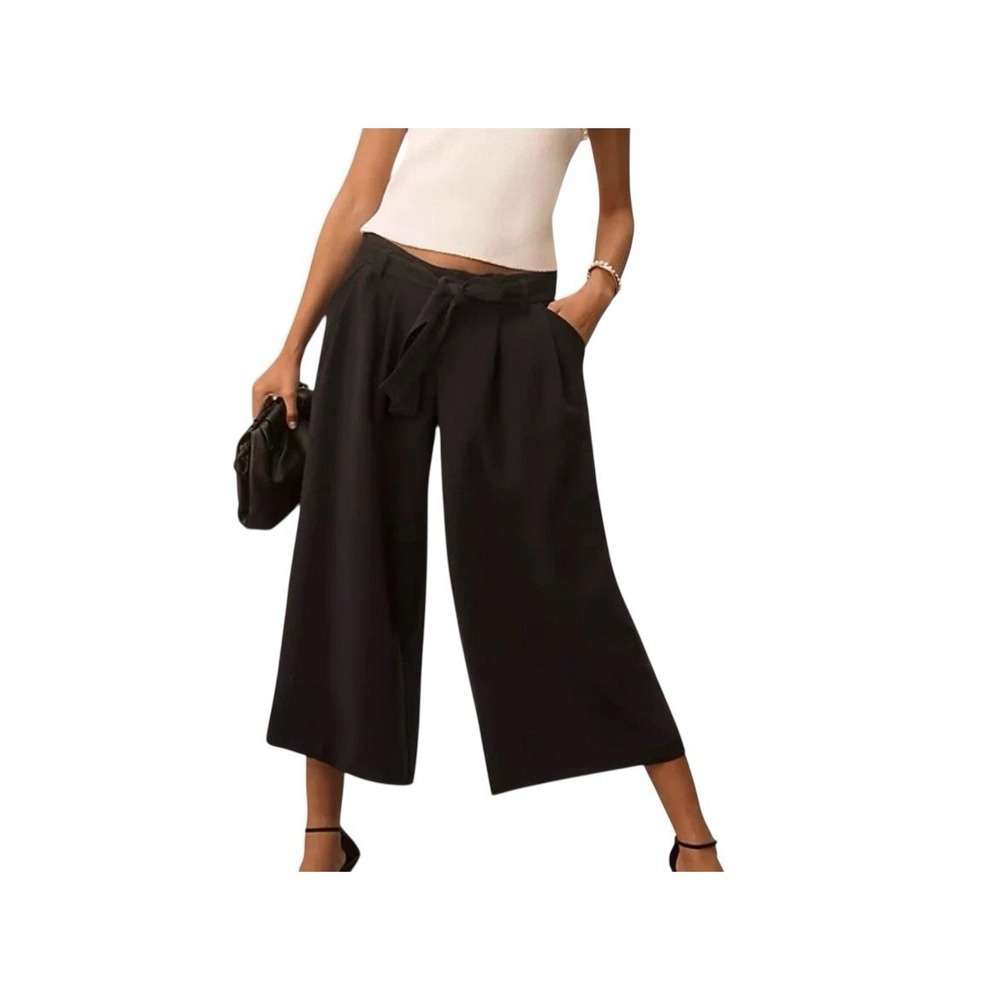 Wide Leg Tie Waist Cropped Pants - Black